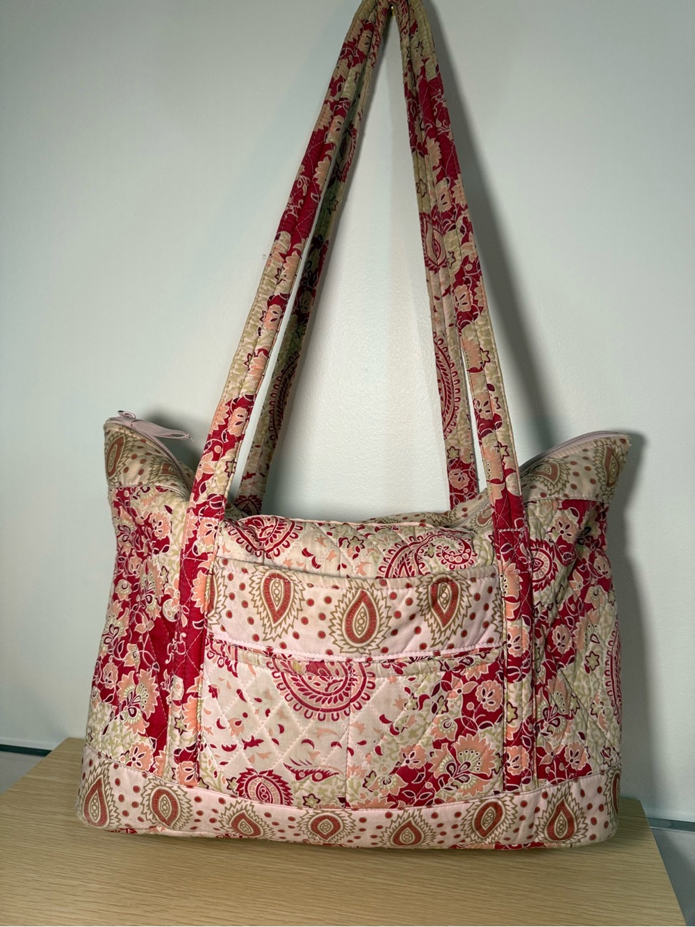 Quilted Paisley-Print Tote Bag in Pink and Cream